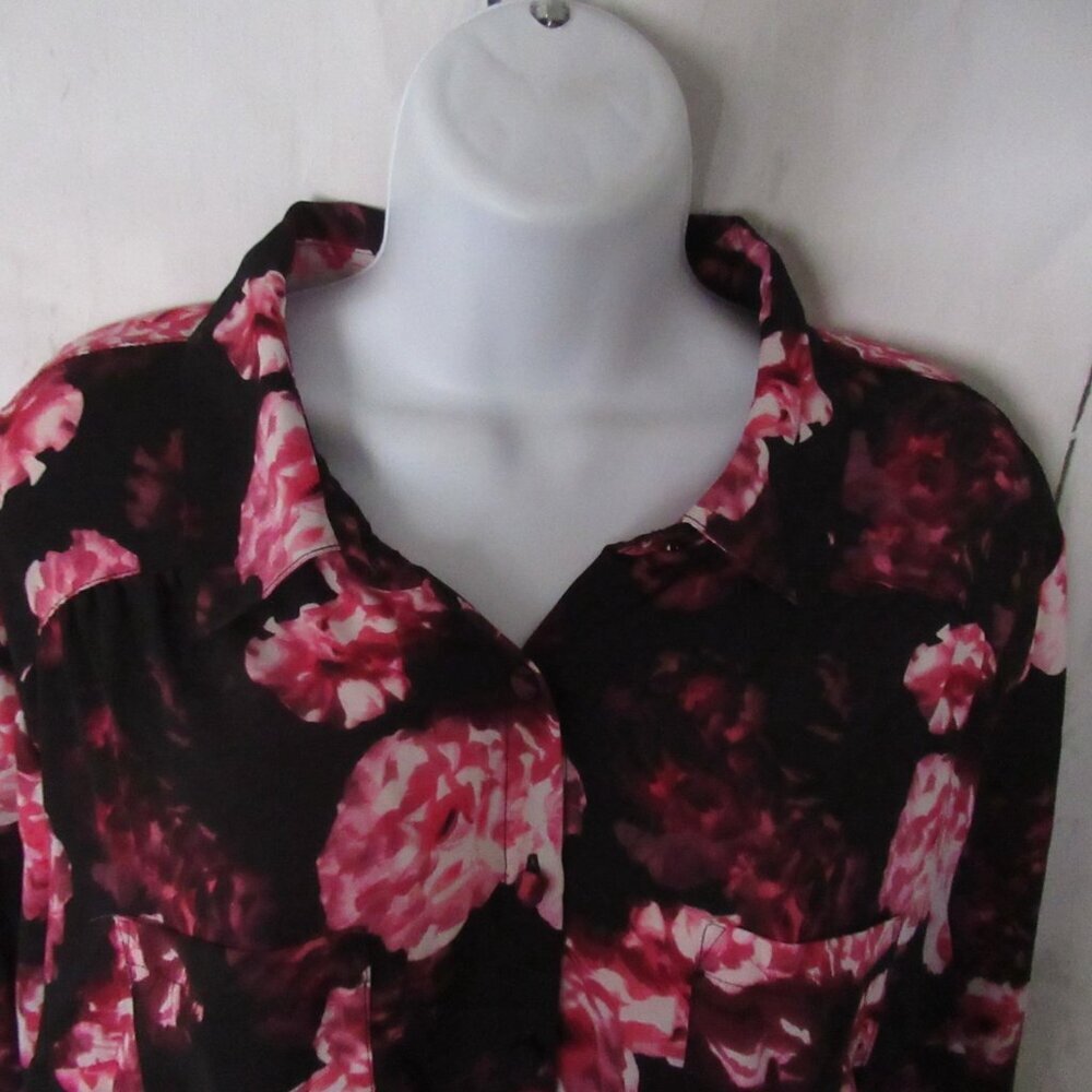 Torrid Top 1 1X Black Pink Floral Button Up Long Sleeve Boho Peasant Plus Size - Picture 2 of 7